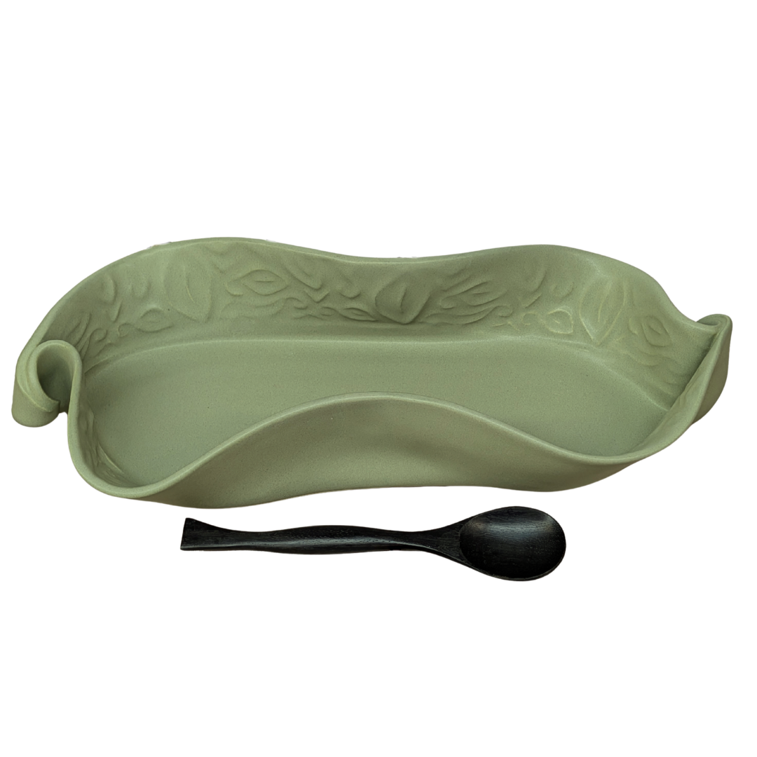 Hilborn Pottery Asparagus Dish with Spoon - Dusty Sage