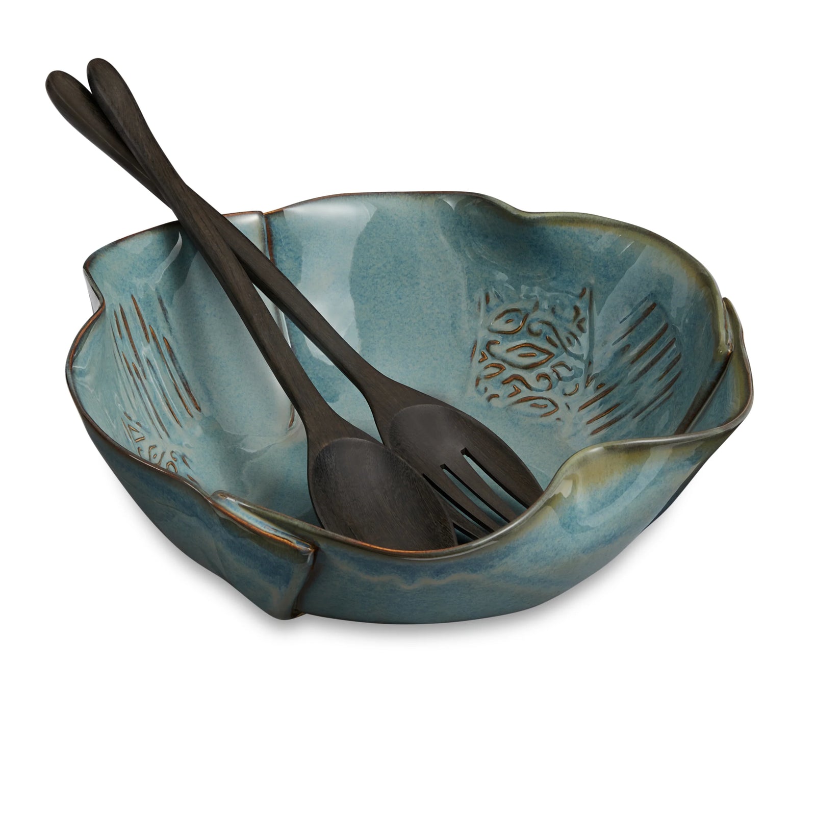 Hilborn Pottery Large Salad Bowl w/ Servers - Medley Sage Edging