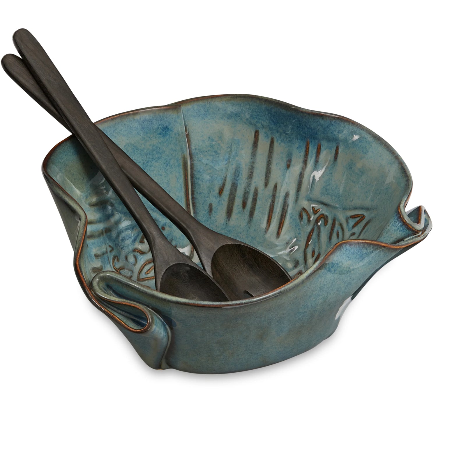 Hilborn Pottery Serving Bowl w/ Servers - Medley Sable Edging